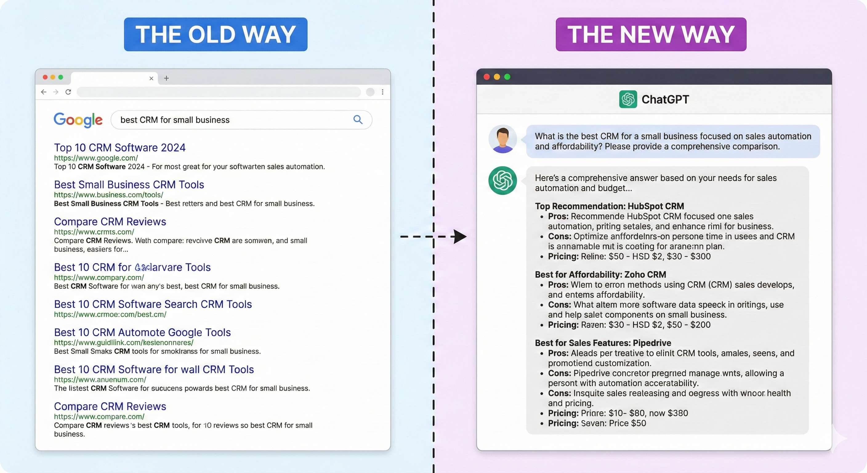 Comparison of traditional search (Google) versus AI Answer Engines (ChatGPT)